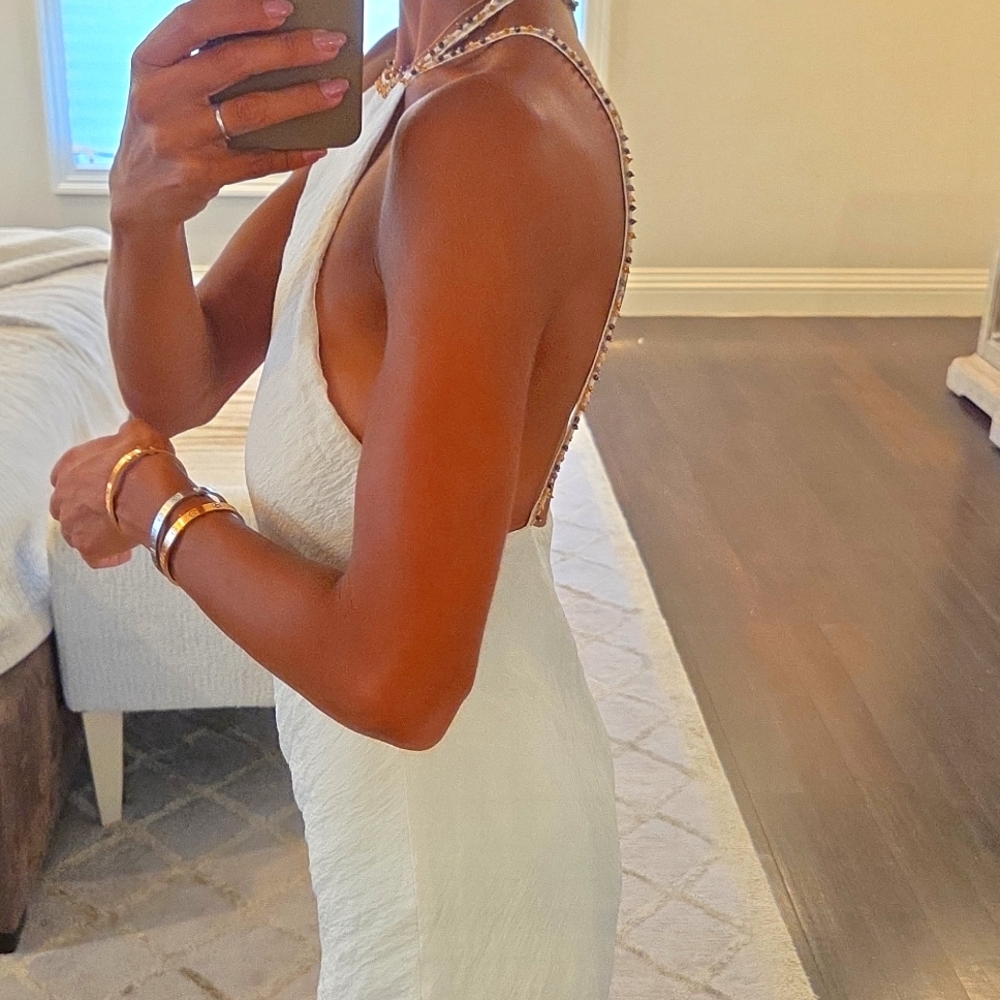 WOMEN'S ZARA WHITE CRINKLED HALTER MAXI SUN DRESS BEJEWELED HALTER SZ XS $90 - Picture 4 of 6